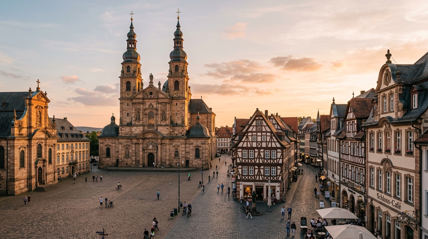 Fuldaer Dom und barocke Innenstadt bei Sonnenuntergang
