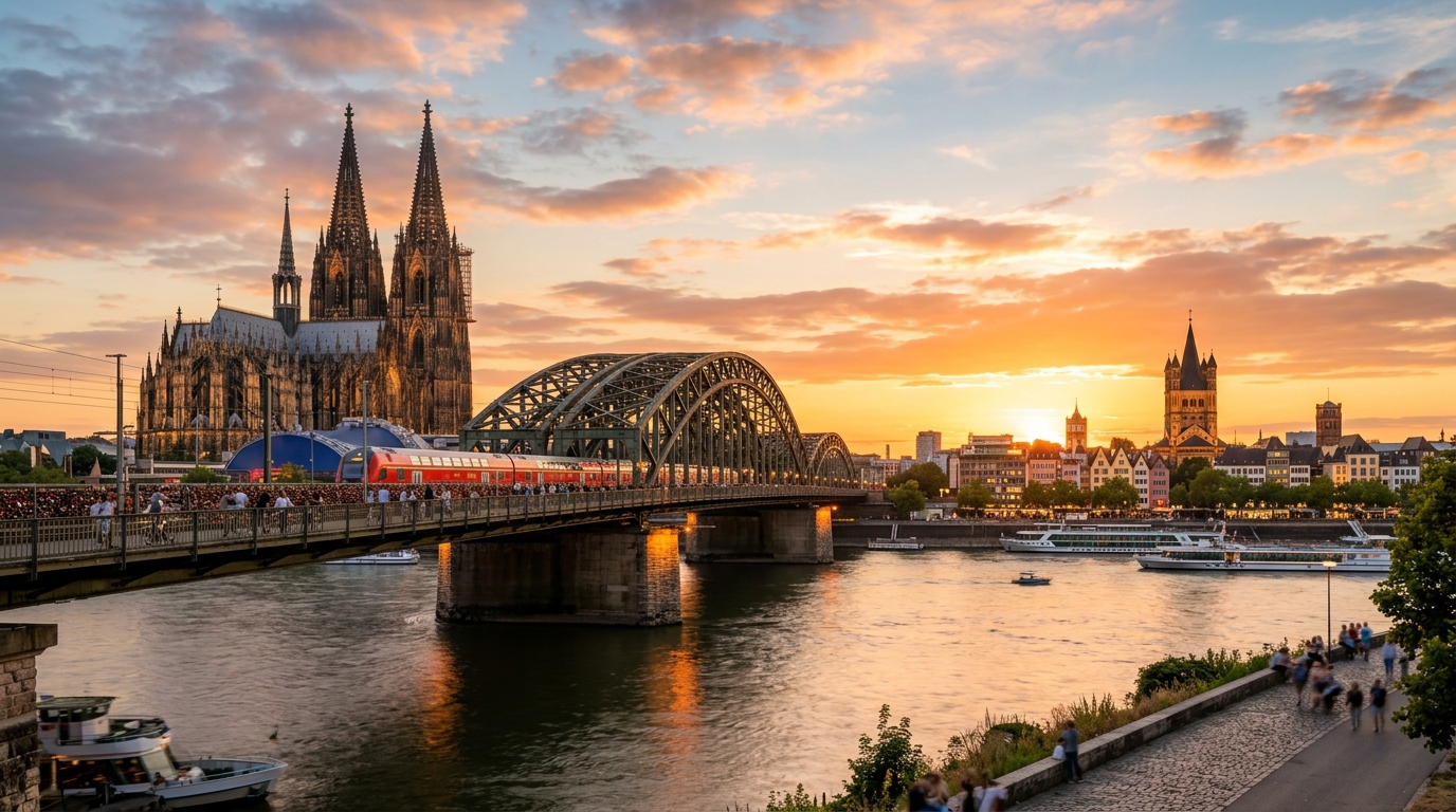 Kölner Dom und Hohenzollernbrücke bei Sonnenuntergang