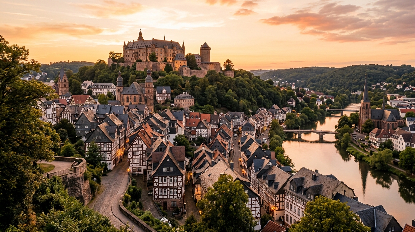 Marburger Schloss über der mittelalterlichen Altstadt bei Sonnenuntergang