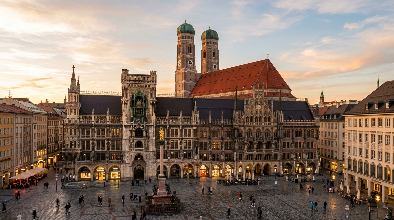 Münchner Frauenkirche und Marienplatz bei Sonnenuntergang