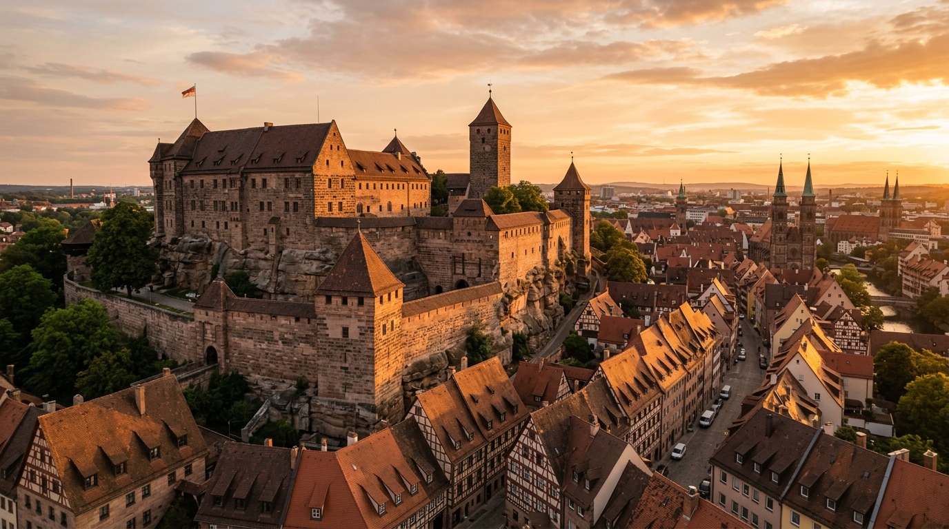 Nürnberger Kaiserburg und Altstadt-Dächer bei Sonnenuntergang