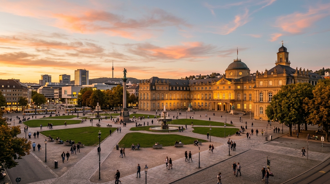 Stuttgarter Schlossplatz mit Neuem Schloss bei Sonnenuntergang