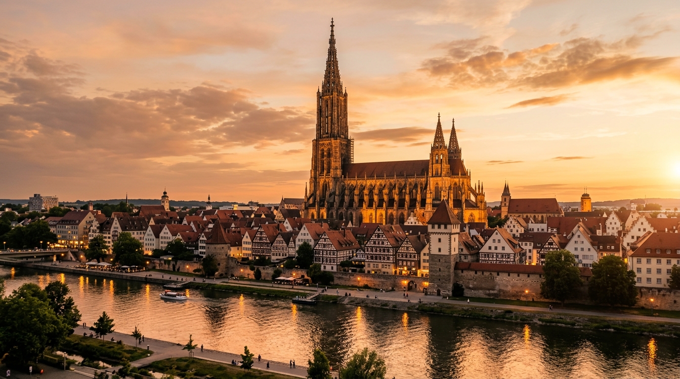 Ulmer Münster, höchster Kirchturm der Welt, bei Sonnenuntergang